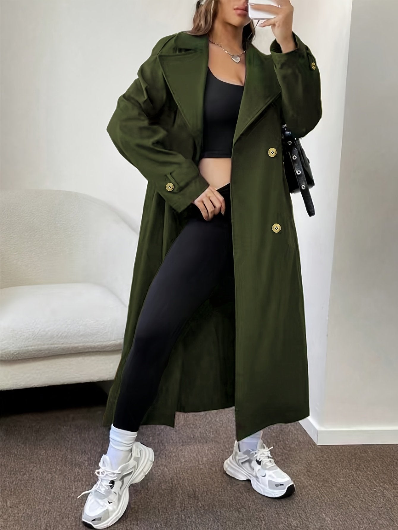 Fit reference for the women's knee-length trench coat in UK sizes 6 to 14