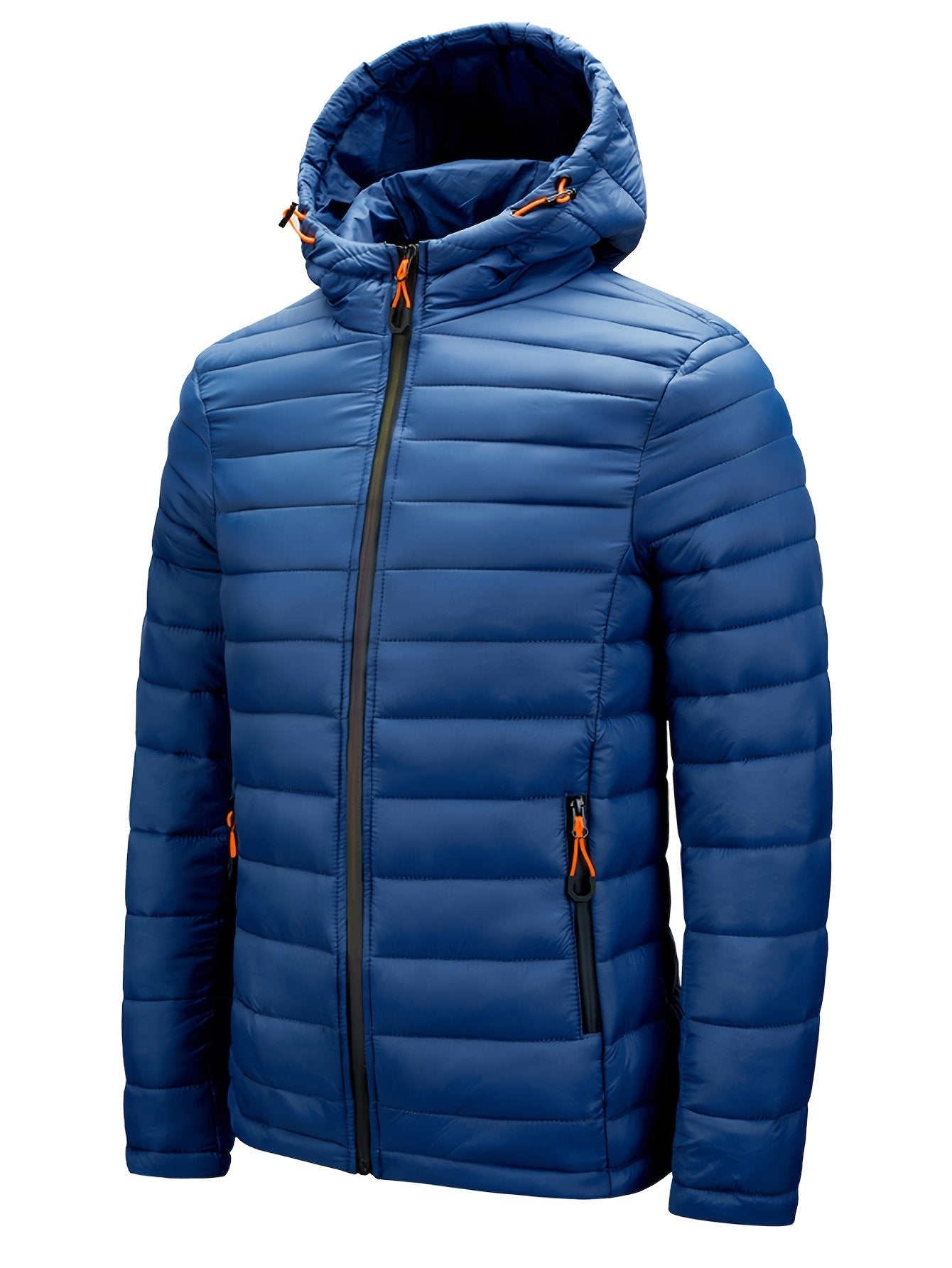Blue hooded quilted padded jacket for men in cold weather