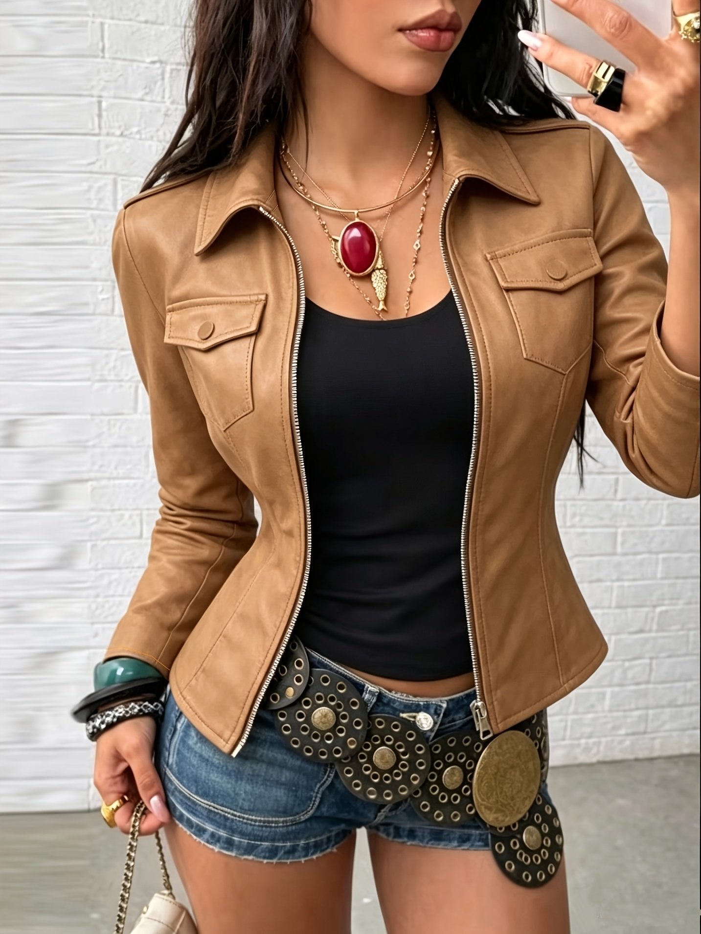 Sleeve and cuff detail on the women's elegant PU jacket