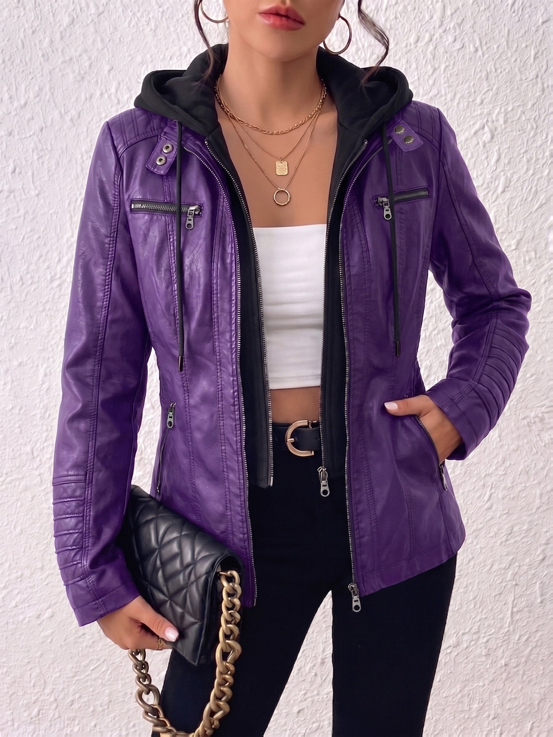 Side view of the women's hooded biker jacket