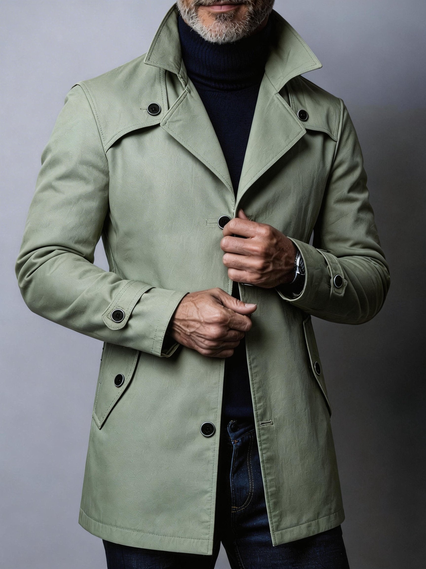 Fit reference for the men's trench coat in UK sizes 36 to 46-48
