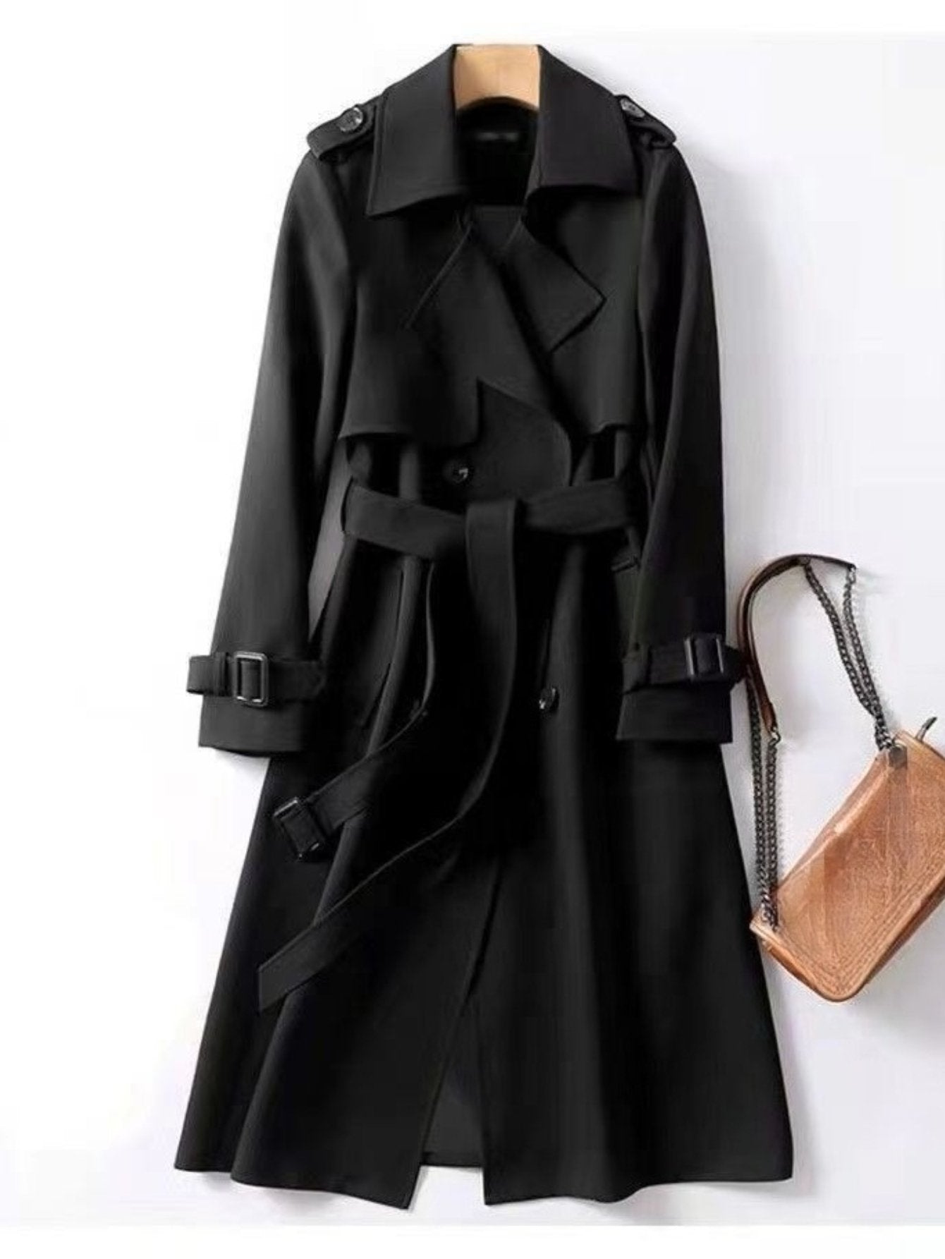Fit reference for the women's long trench jacket in UK sizes 8 to 18