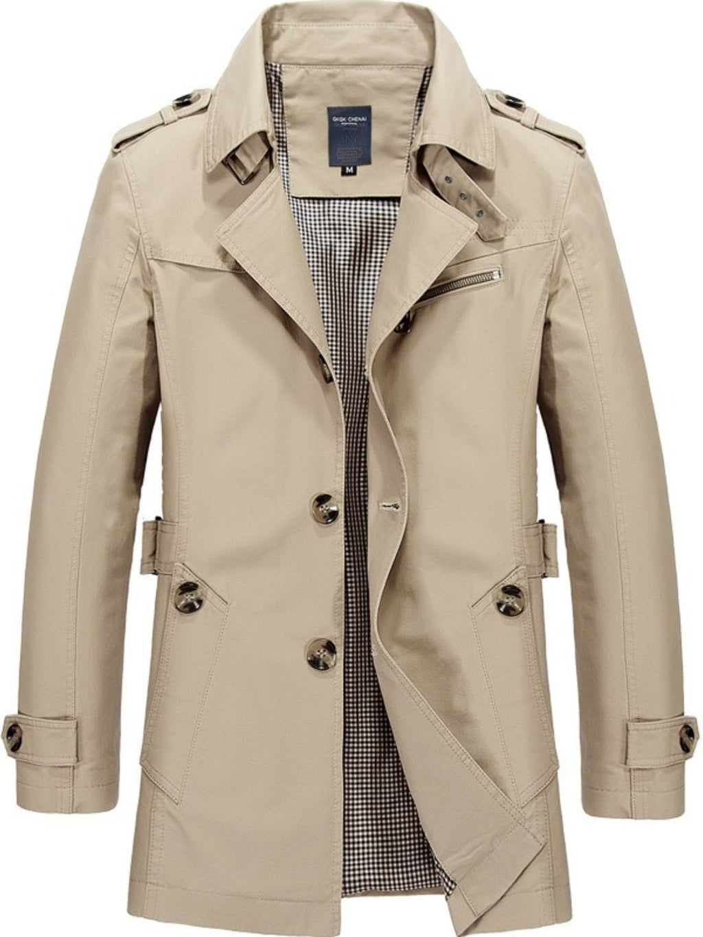 Fit reference for the men's mid-length trench coat in UK sizes 38 to 48