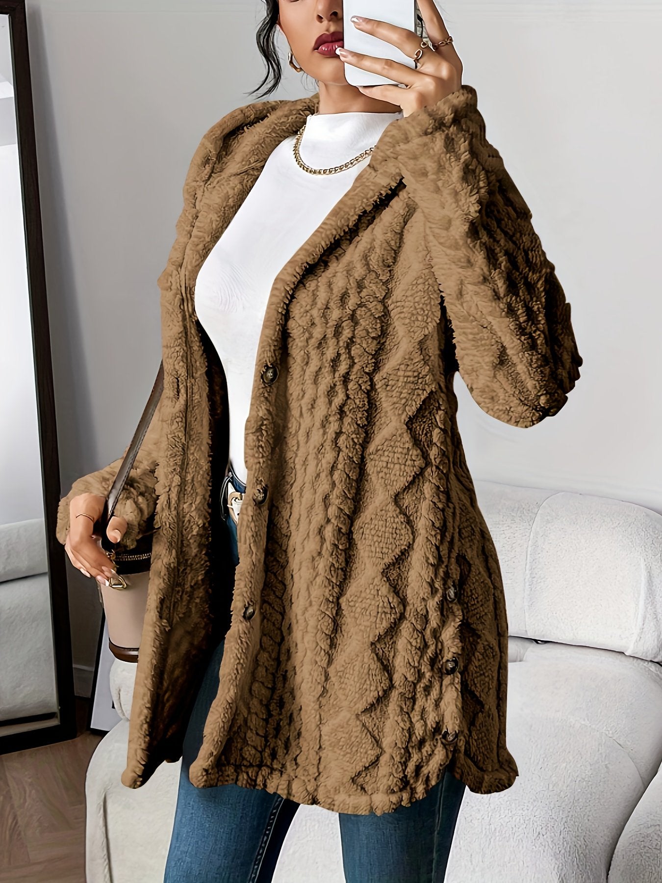 Back view of the women's jacquard plush hooded cardigan coat