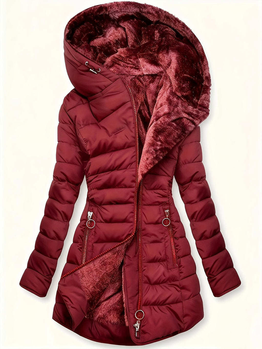 Back view of the women's black plush padded mid-length coat