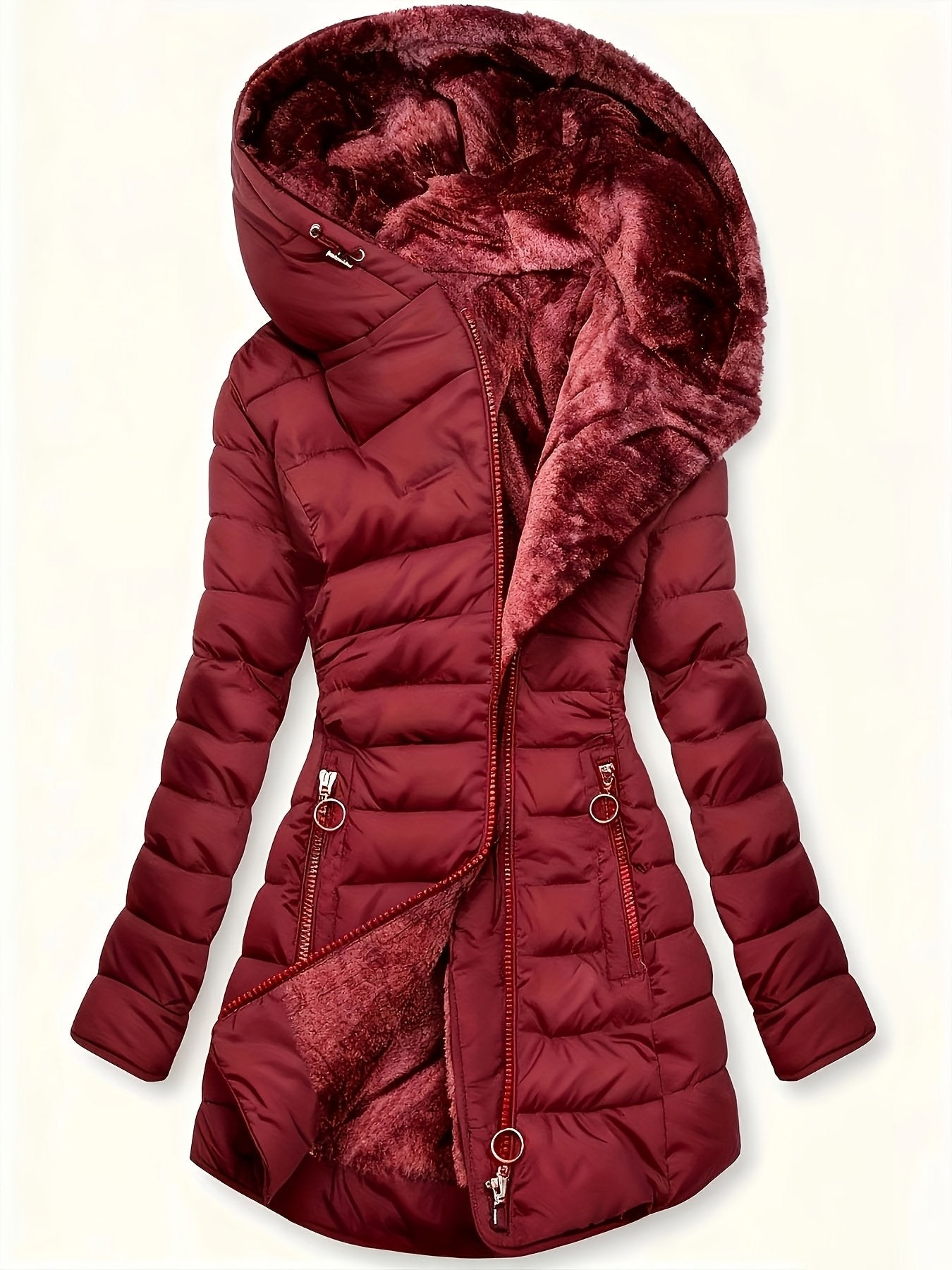 Back view of the women's black plush padded mid-length coat