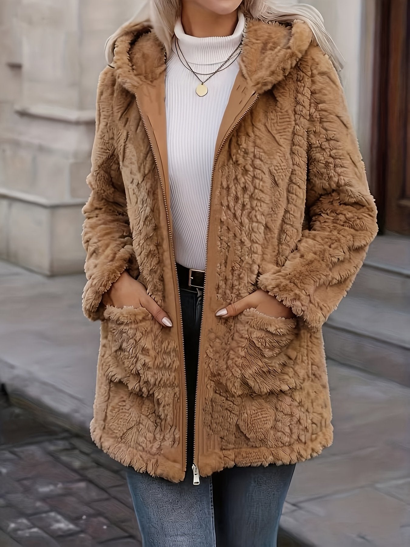 Fit reference for the women's plush zip-up coat in UK sizes 8 to 18