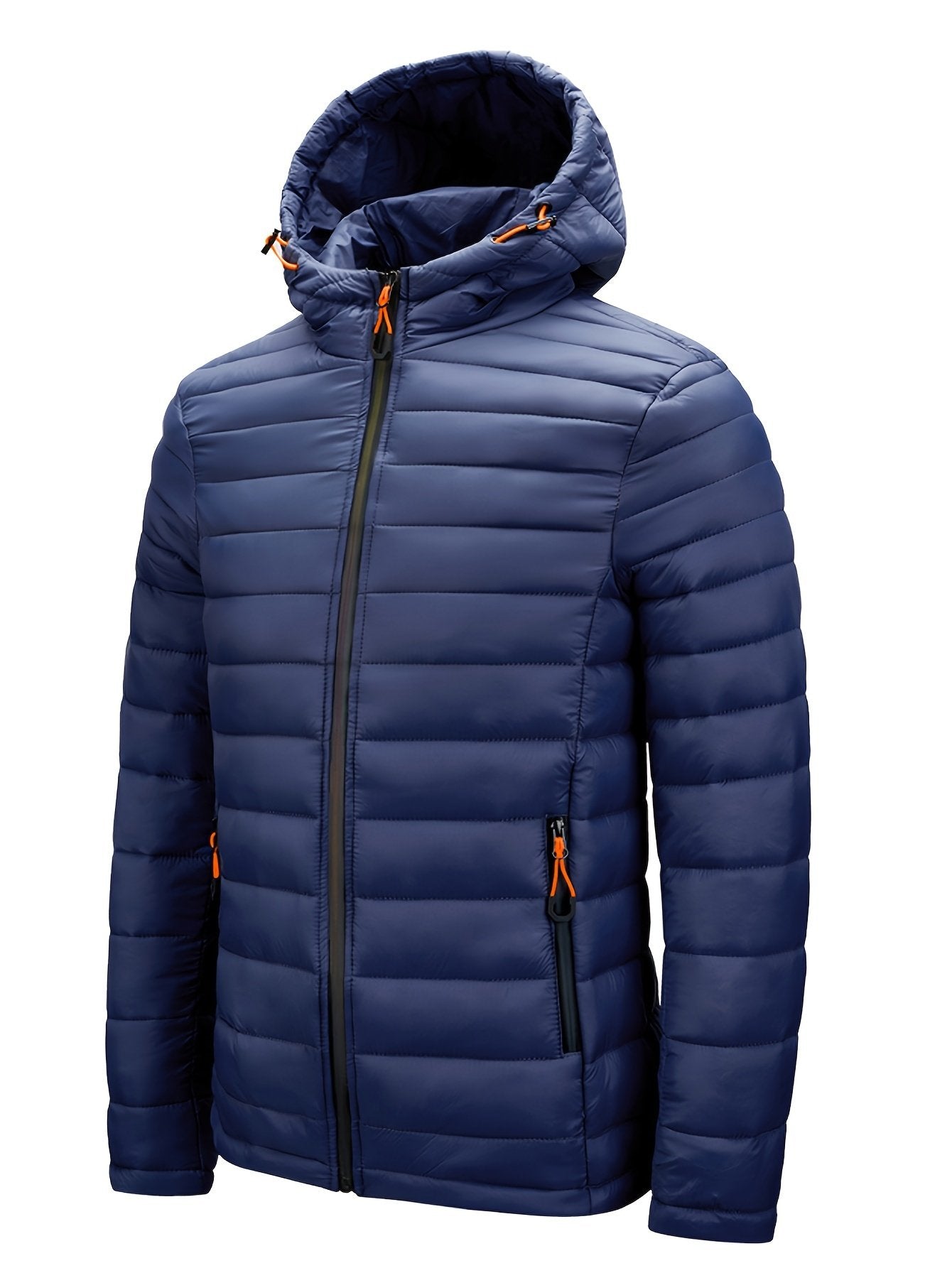 Navy colour men's hooded padded winter coat with colourful zip pockets