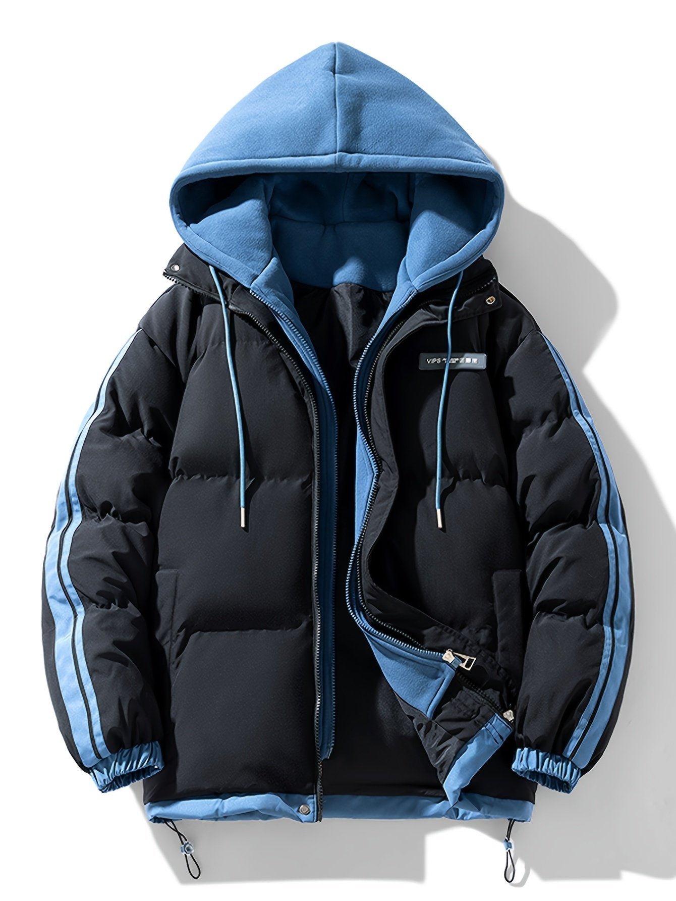 Close-up of the fake two-piece construction on the ski jacket