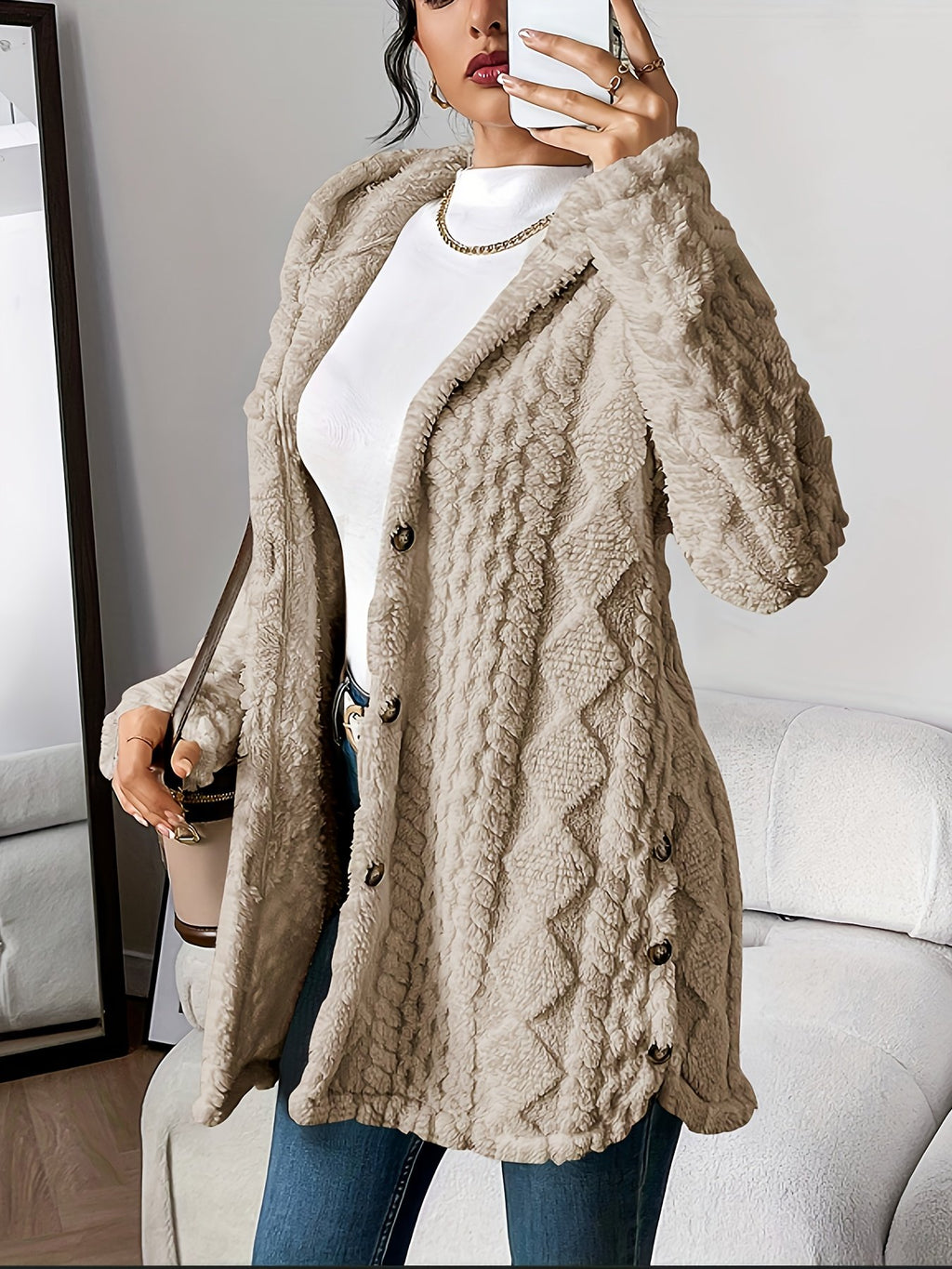 Button front detail on the women's warm plush winter coat
