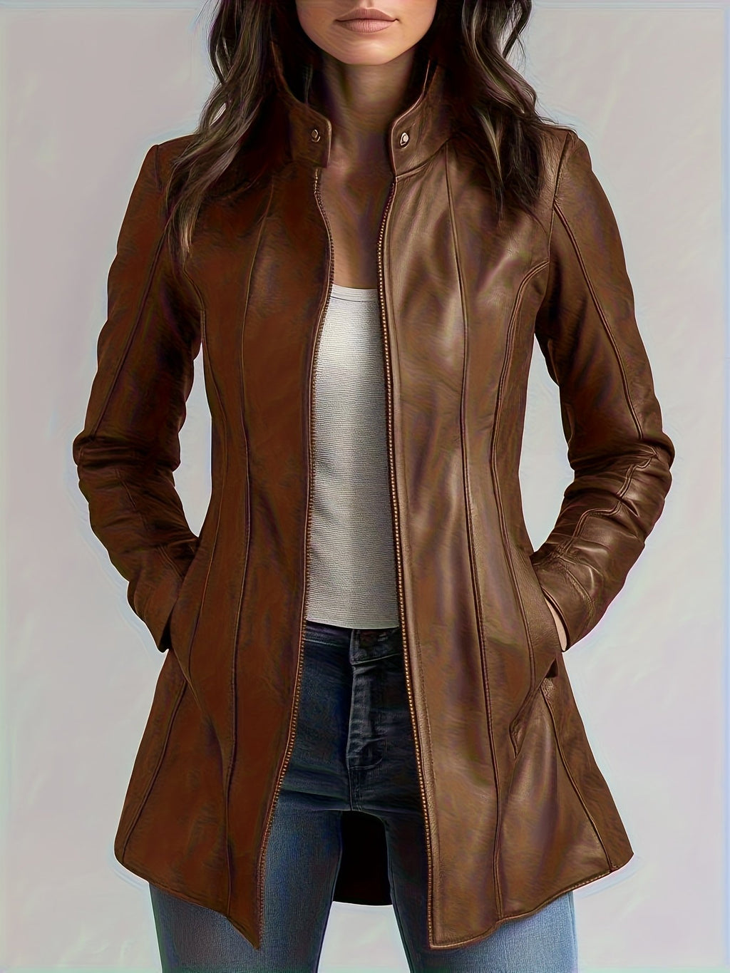 Faux leather texture close-up on the women's retro biker jacket