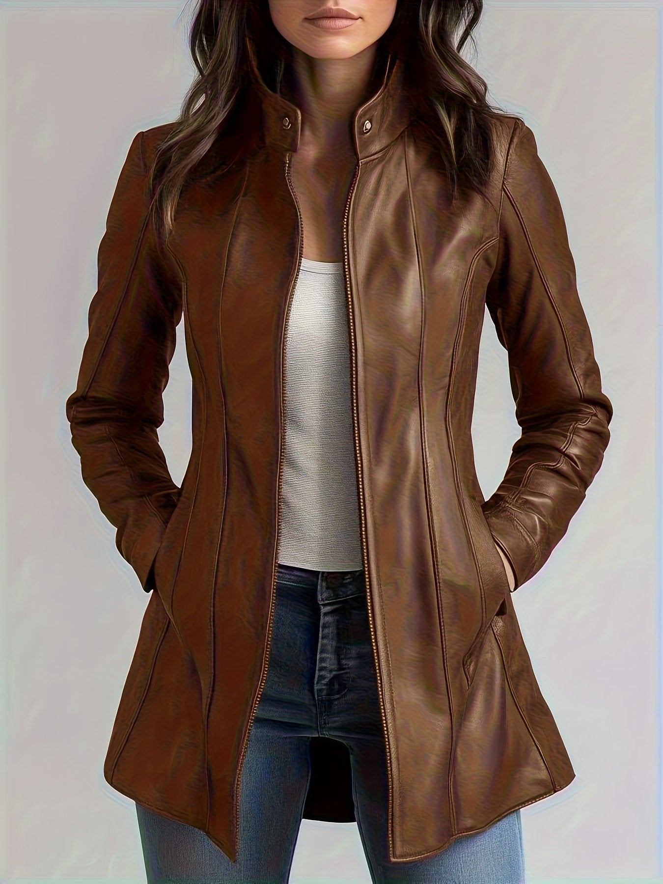 Faux leather texture close-up on the women's retro biker jacket