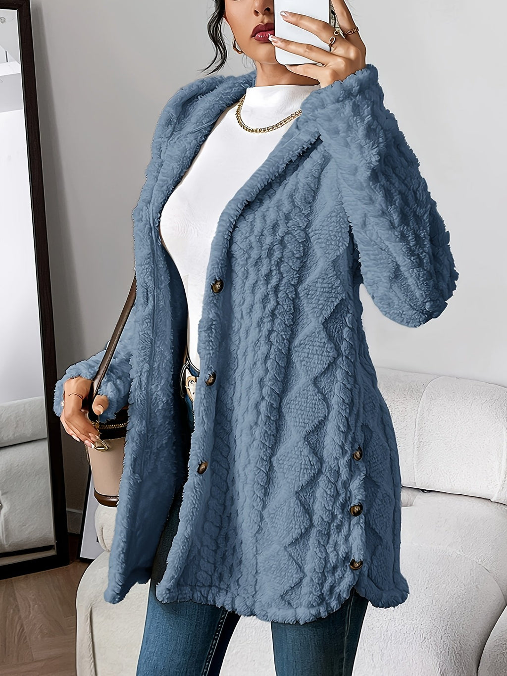 Fit reference for the women's plush hooded coat in UK sizes 8 to 18