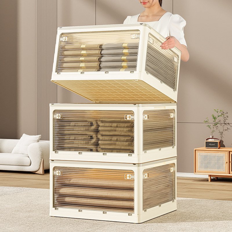Cream stackable storage organiser keeping clothes tidy in UK home