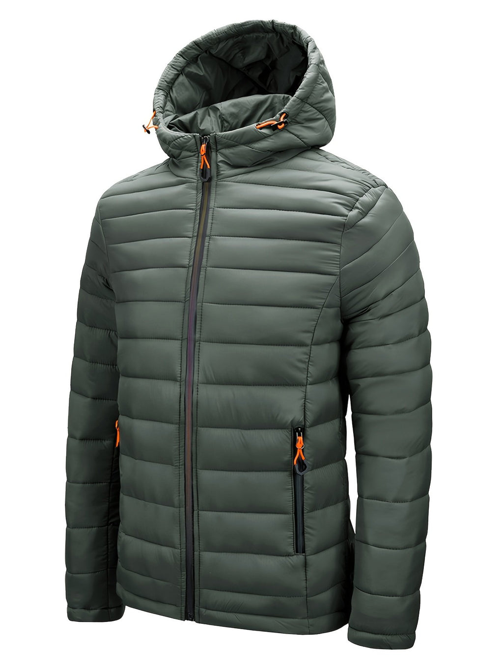 Army green men's quilted hooded winter coat for outdoor use