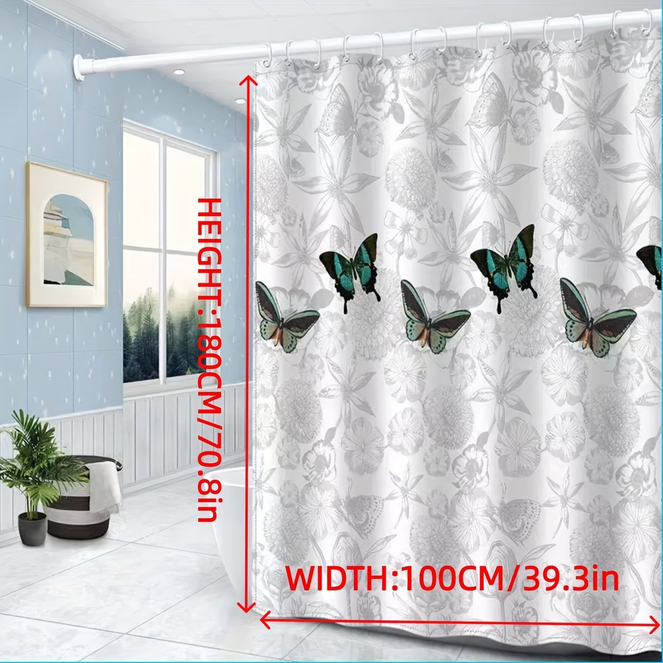Grey butterfly shower curtain size options for bathrooms