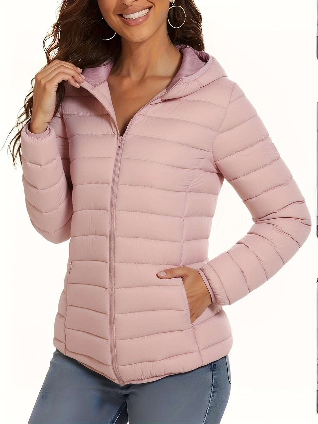 Women's khaki lightweight hooded padded coat, front view