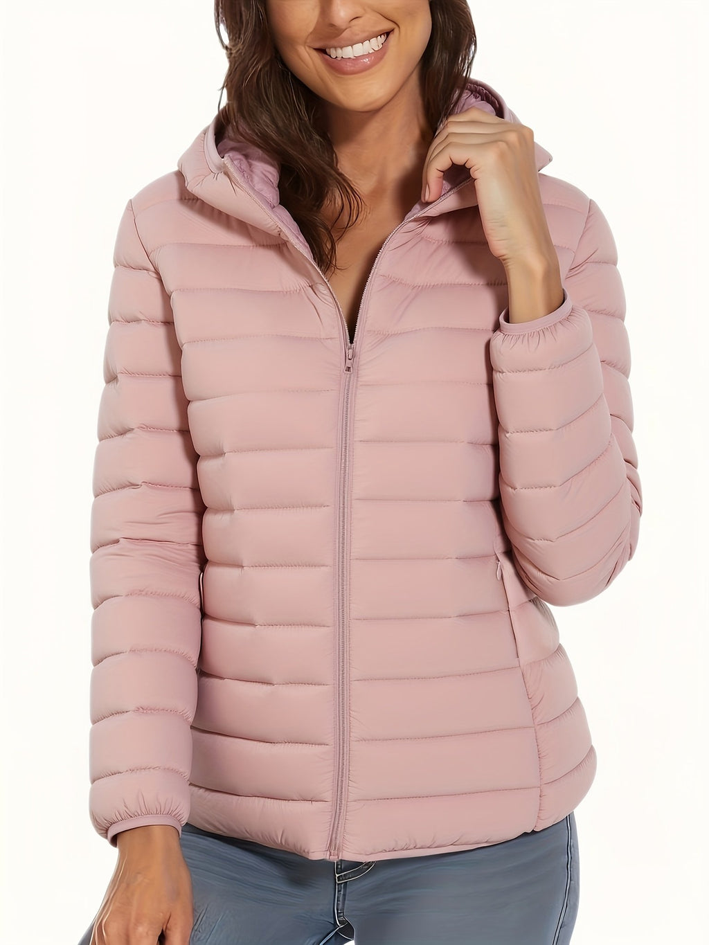 Hood detail on the women's lightweight padded travel coat