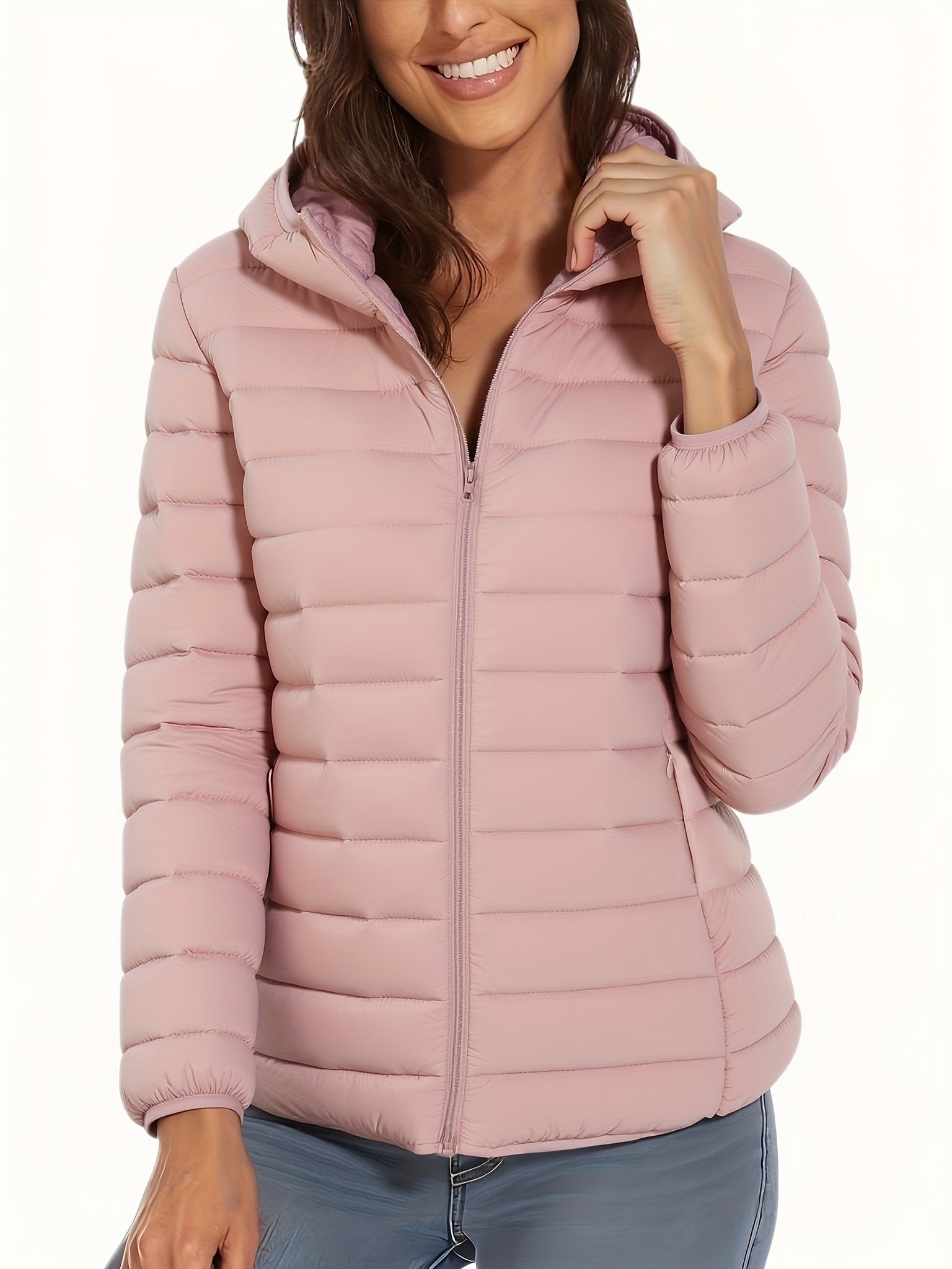Hood detail on the women's lightweight padded travel coat