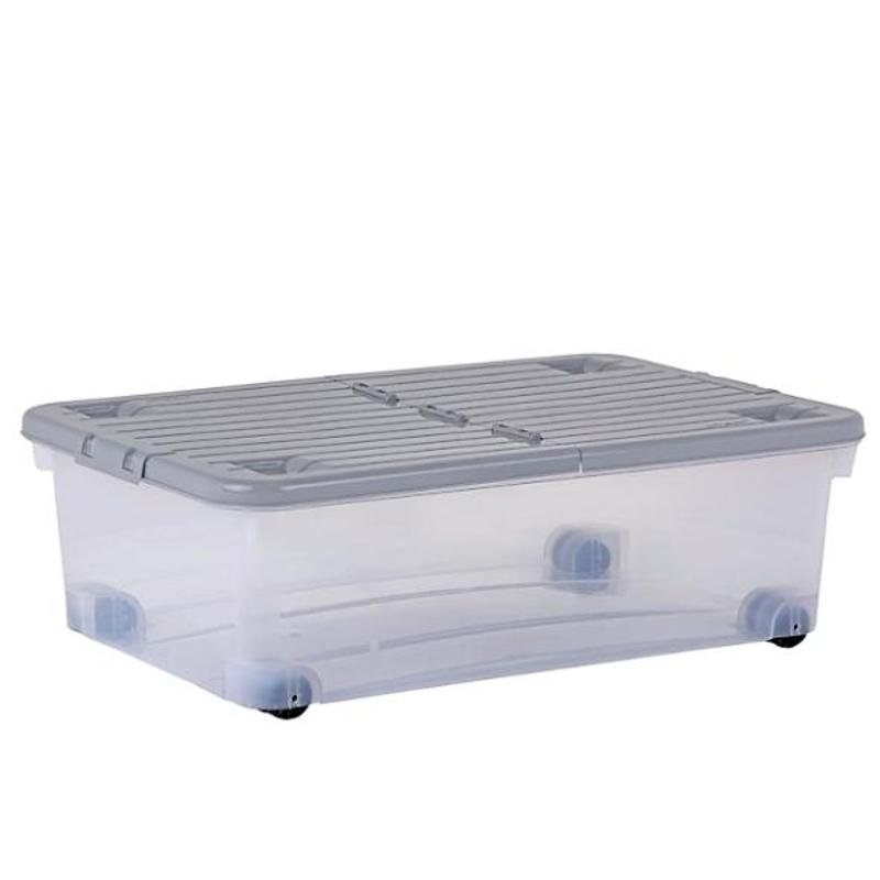 Clear plastic wheeled underbed storage box 32L with lid for toys and clothes