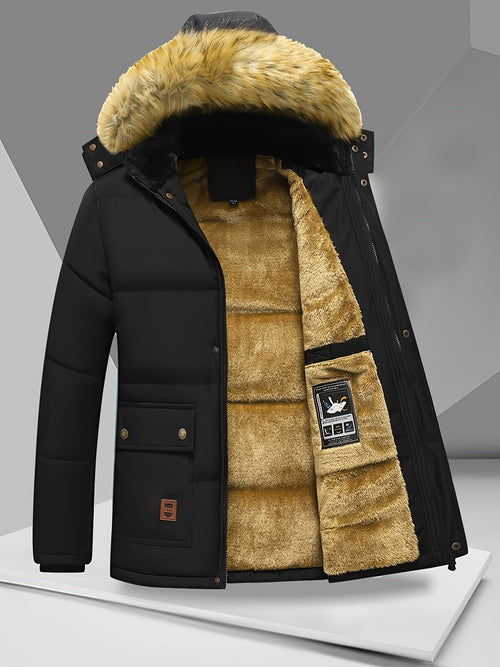 Men's lamb fleece windproof coat with multiple pockets and hooded design