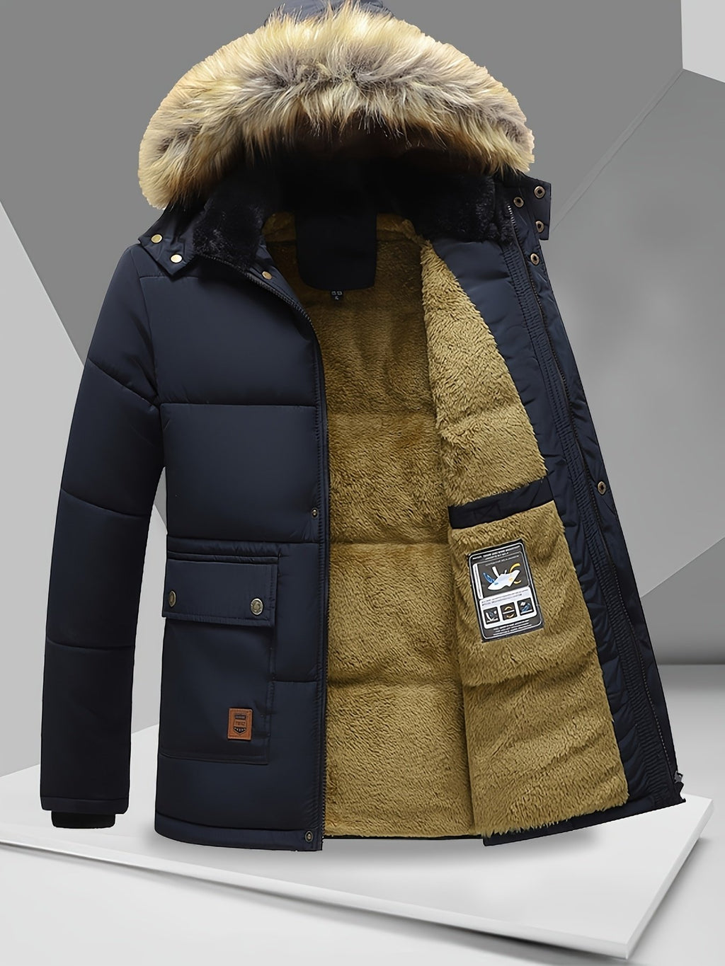 Men's multi-pocket fleece jacket with hooded collar for winter warmth