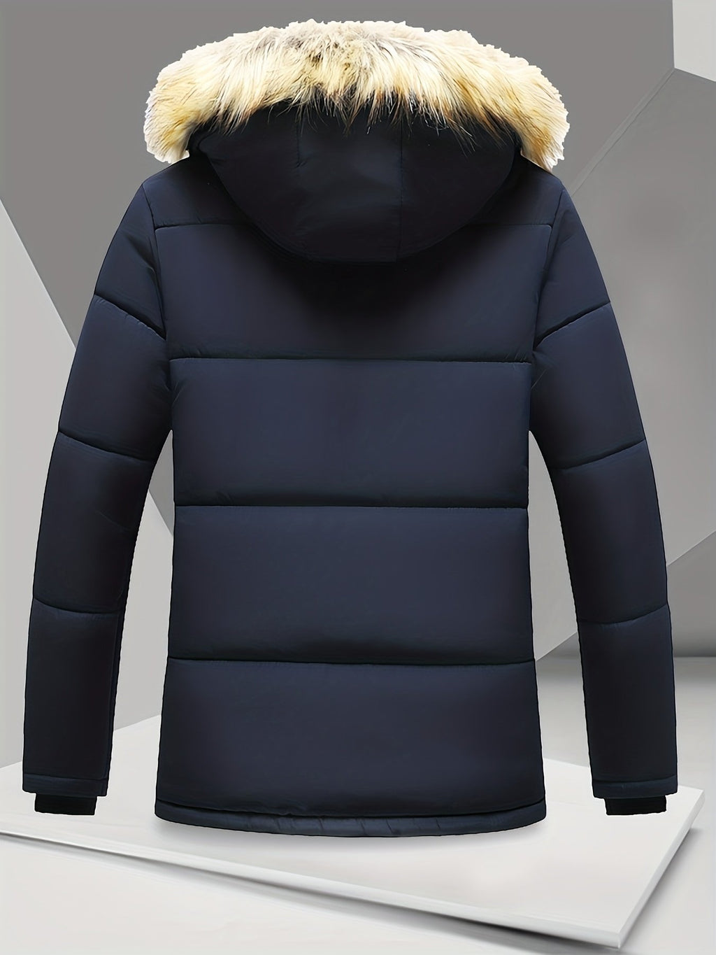 Men's thick fleece hooded jacket showing multi-pocket front detail