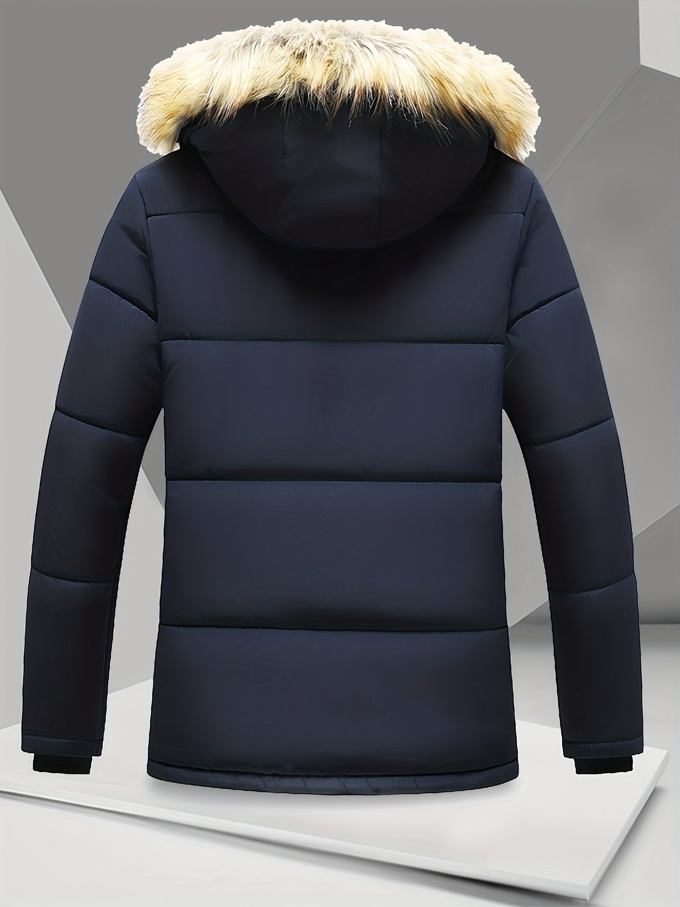 Men's thick fleece hooded jacket showing multi-pocket front detail