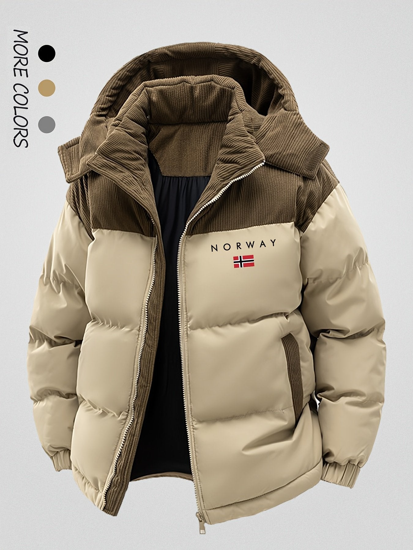Men's spliced hooded winter thick coat with colour-block panel design