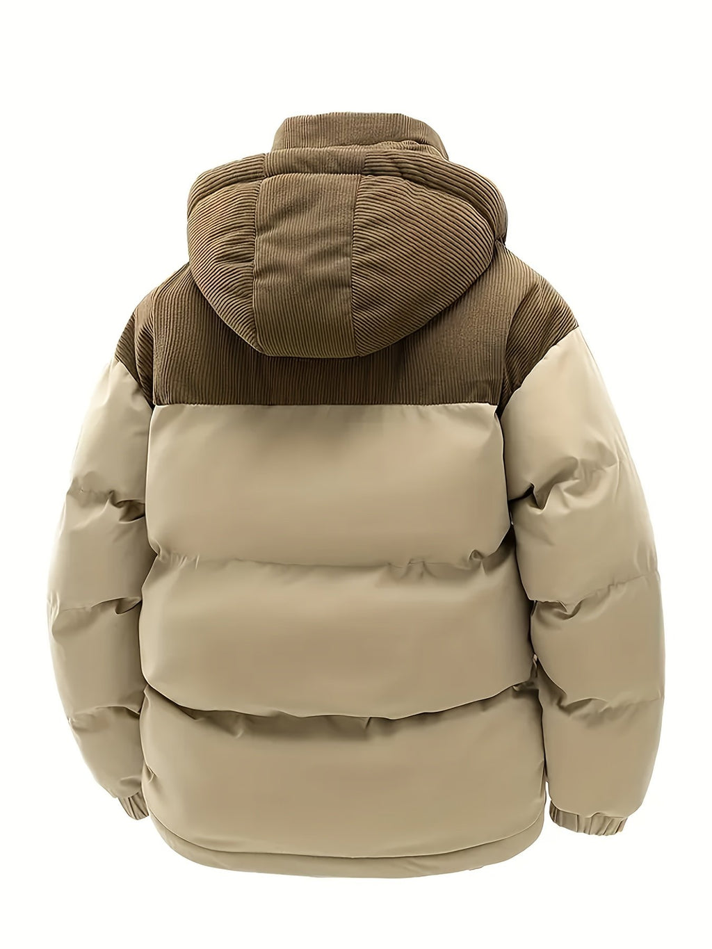 Men's thick winter coat with spliced panels and hooded collar in polyester