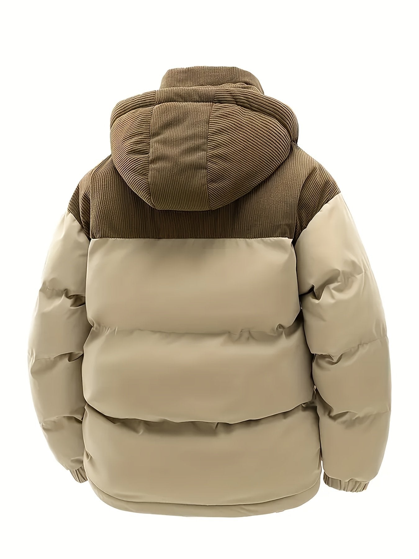 Men's thick winter coat with spliced panels and hooded collar in polyester
