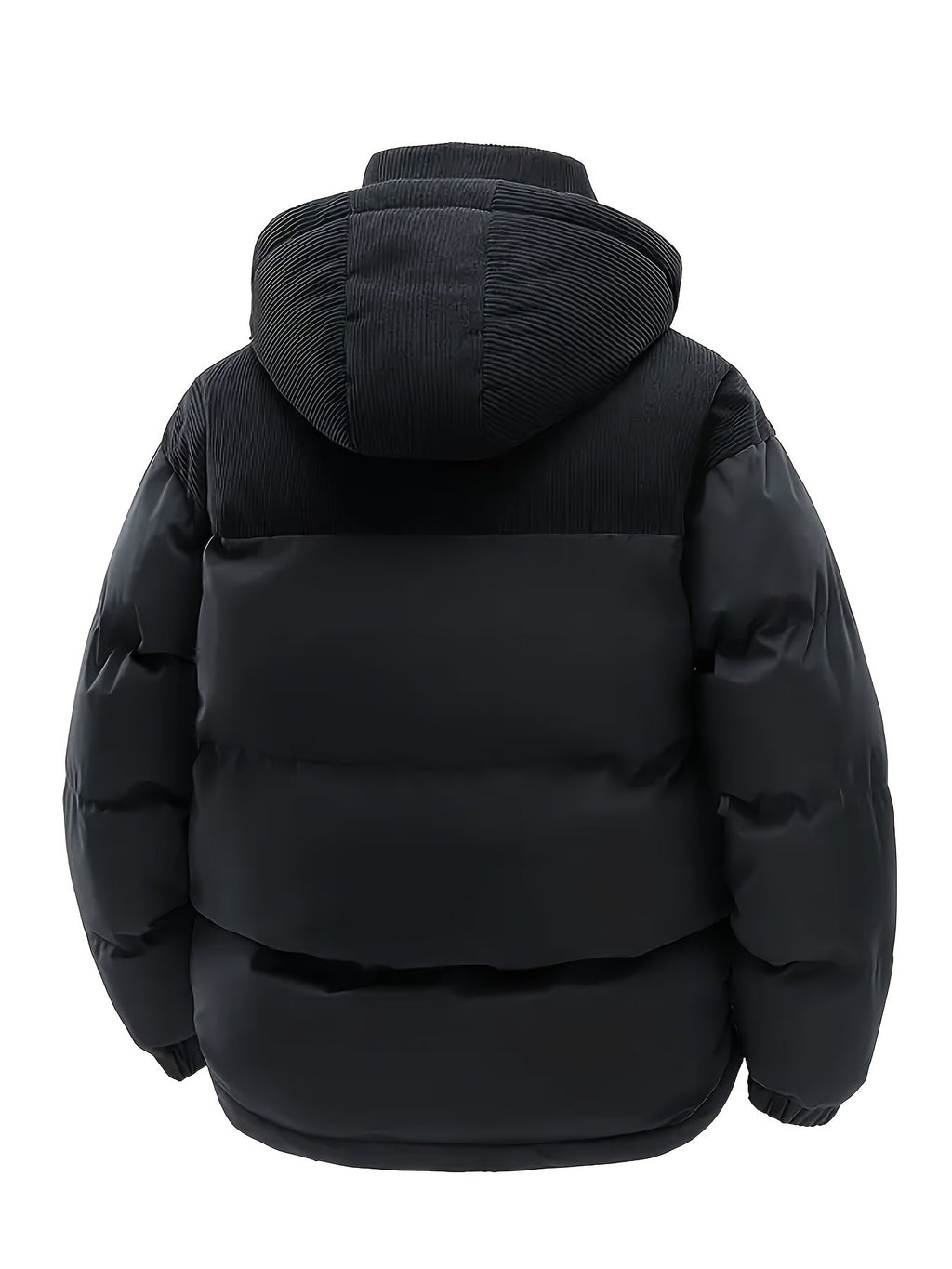 Rear view of men's spliced hooded winter jacket in woven polyester fabric