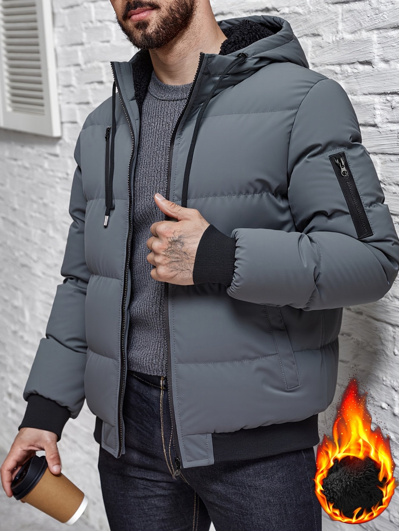 Thick plush winter jacket for men with hooded drawstring and zip