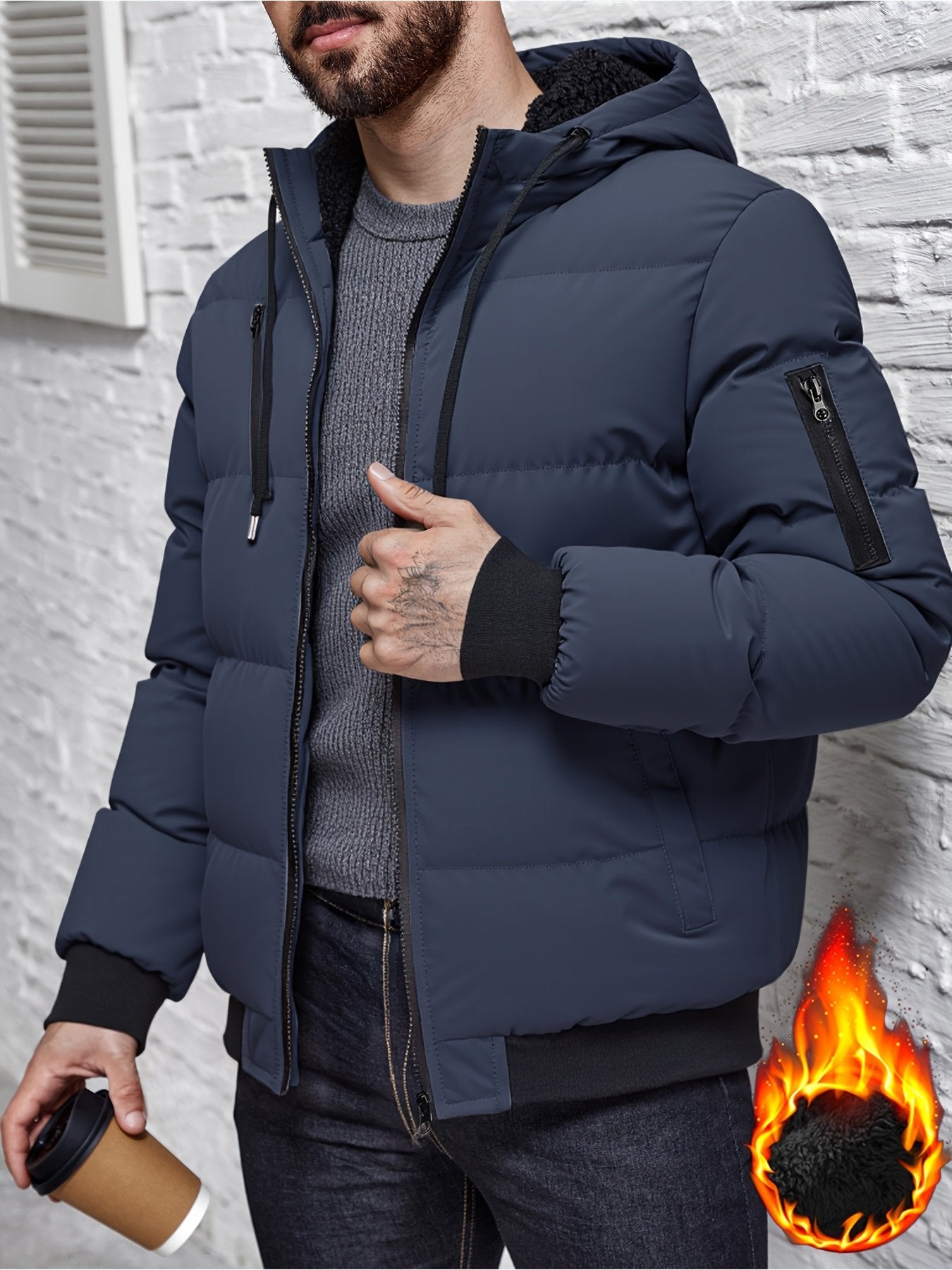 Men's warm hooded plush jacket for casual outdoor winter wear