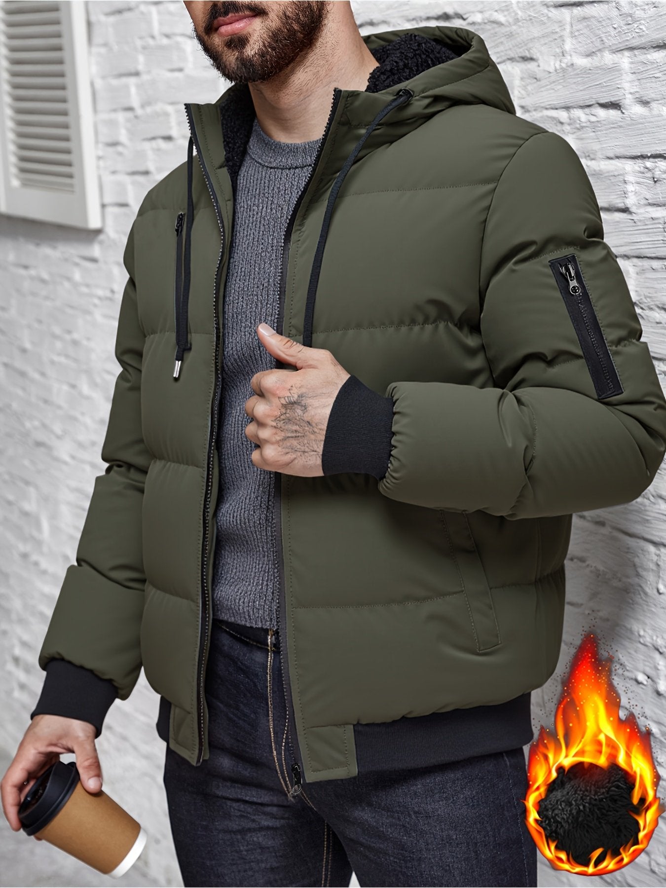Close-up of men's plush jacket showing thick woven polyester lining