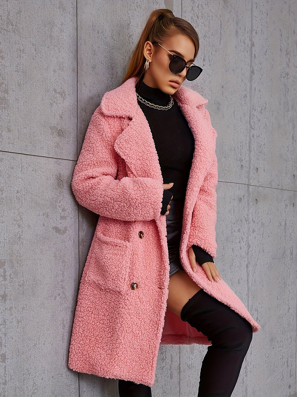 Black long winter coat for women in soft knit fabric