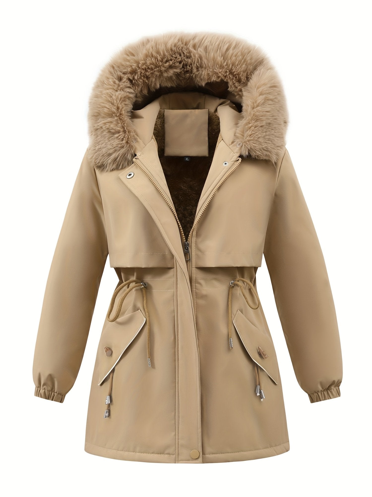 Khaki mid-length hooded puffer jacket for women, outdoor styling