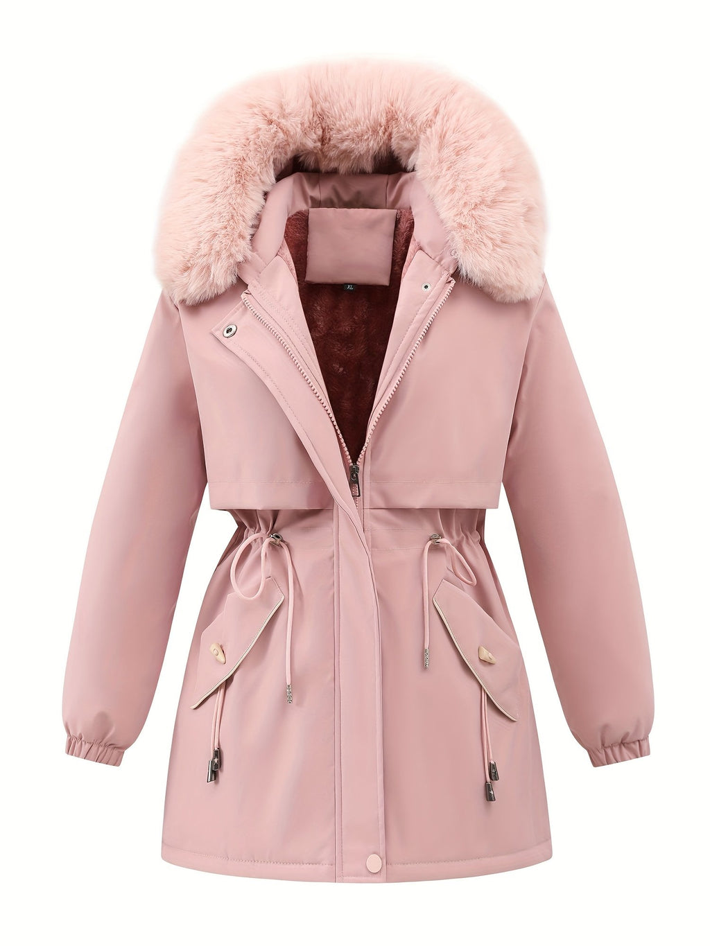 Pink fleece-lined winter puffer jacket for women