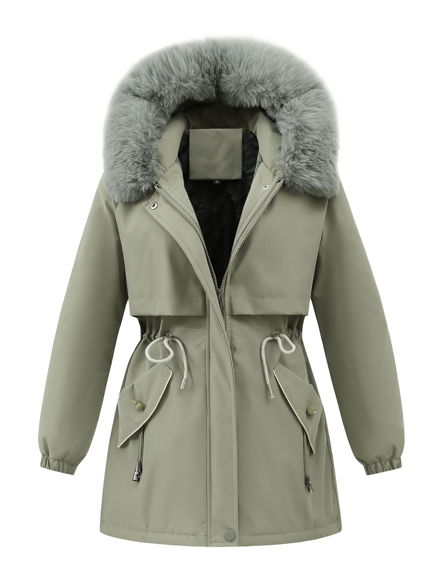 Green hooded puffer jacket for women with drawstring
