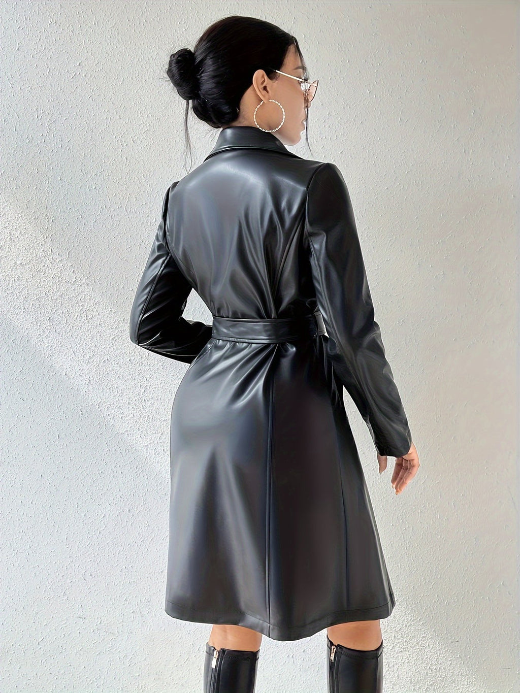 Side view of the women's belted PU leather jacket