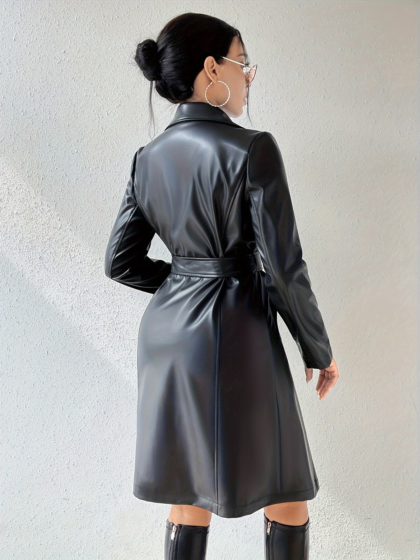 Side view of the women's belted PU leather jacket