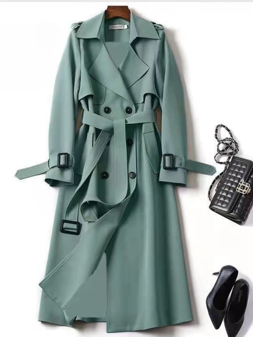 Women's green long belted trench jacket with V-neck button front