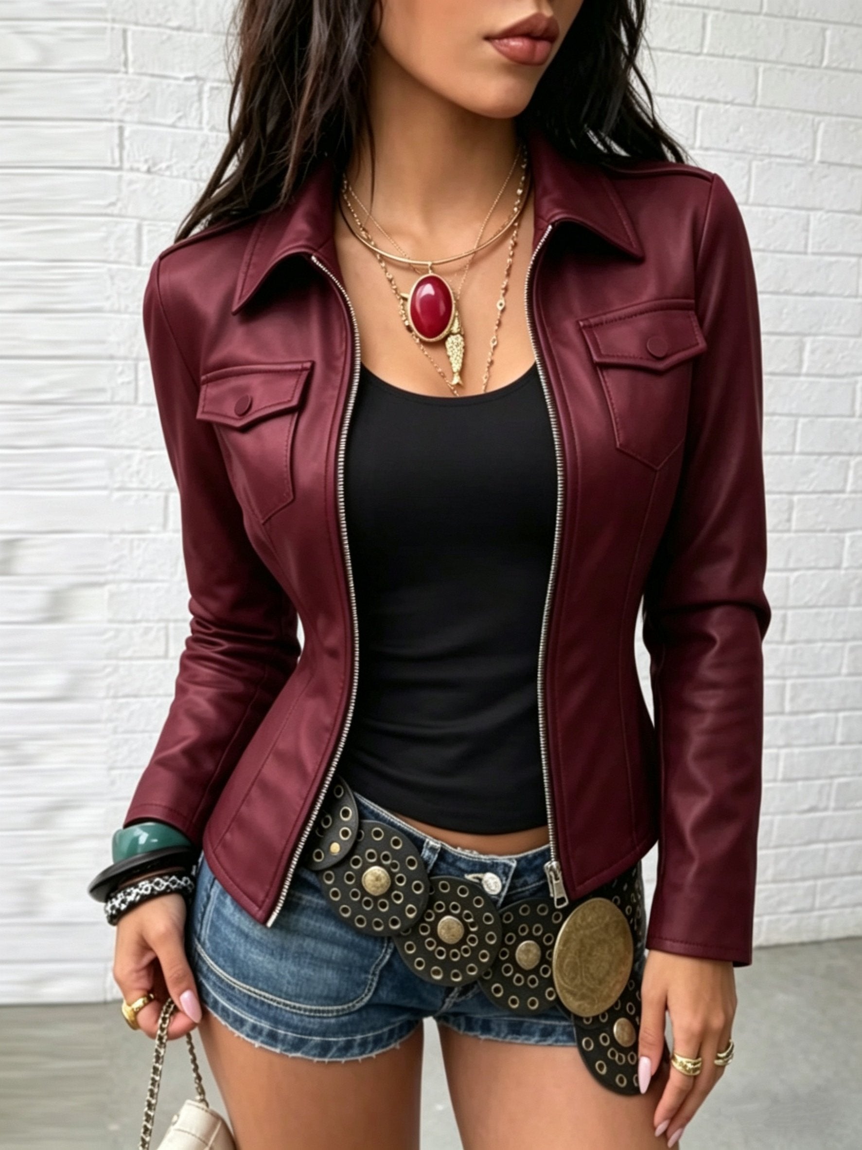 Close-up of the zip front on the women's elegant PU jacket