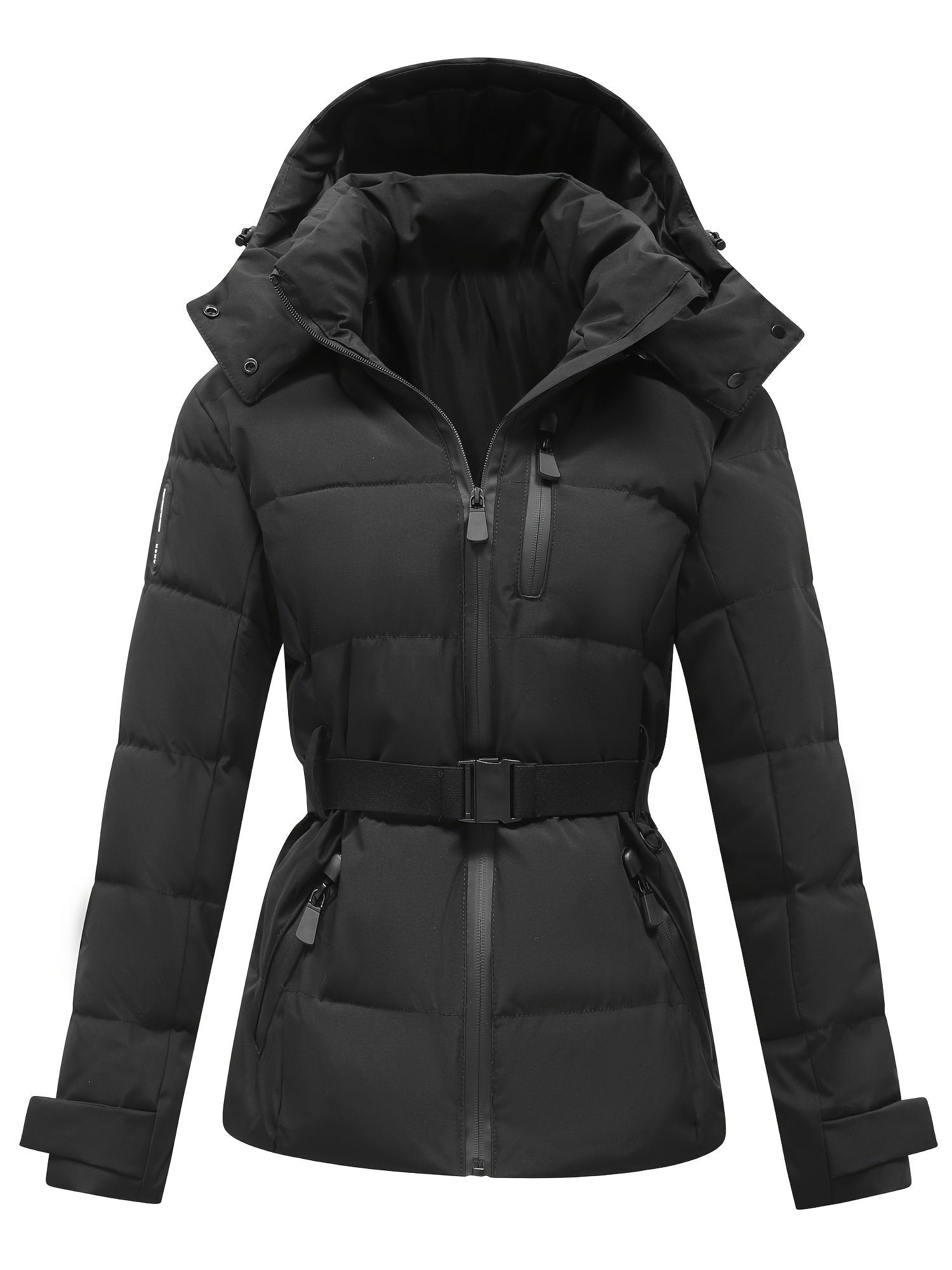 Women's black belted hooded padded coat, front view