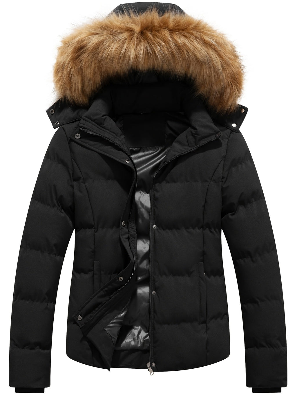 Women's black quilted parka with removable hood, front view