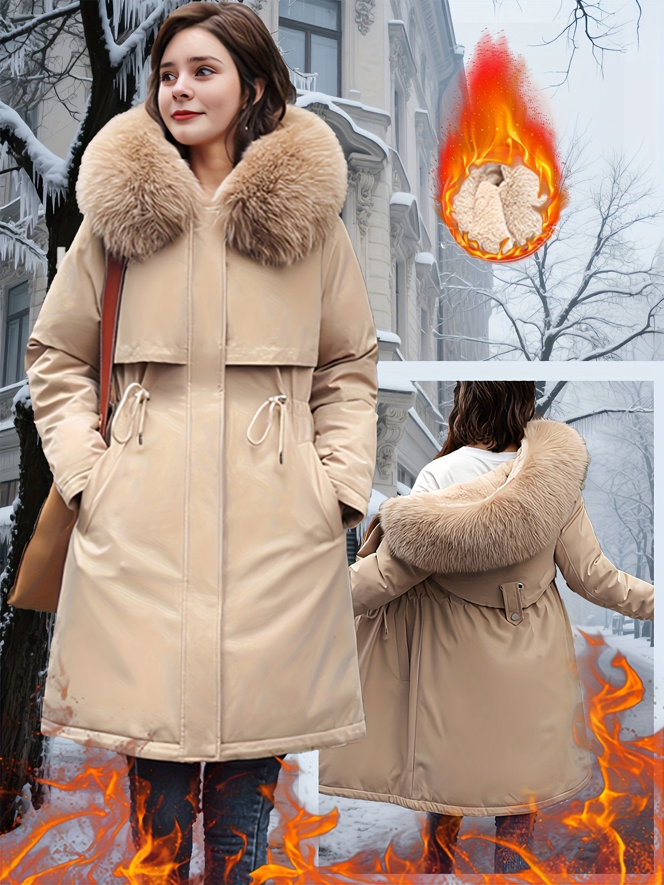 Women's black fleece-lined parka with detachable hood, front view