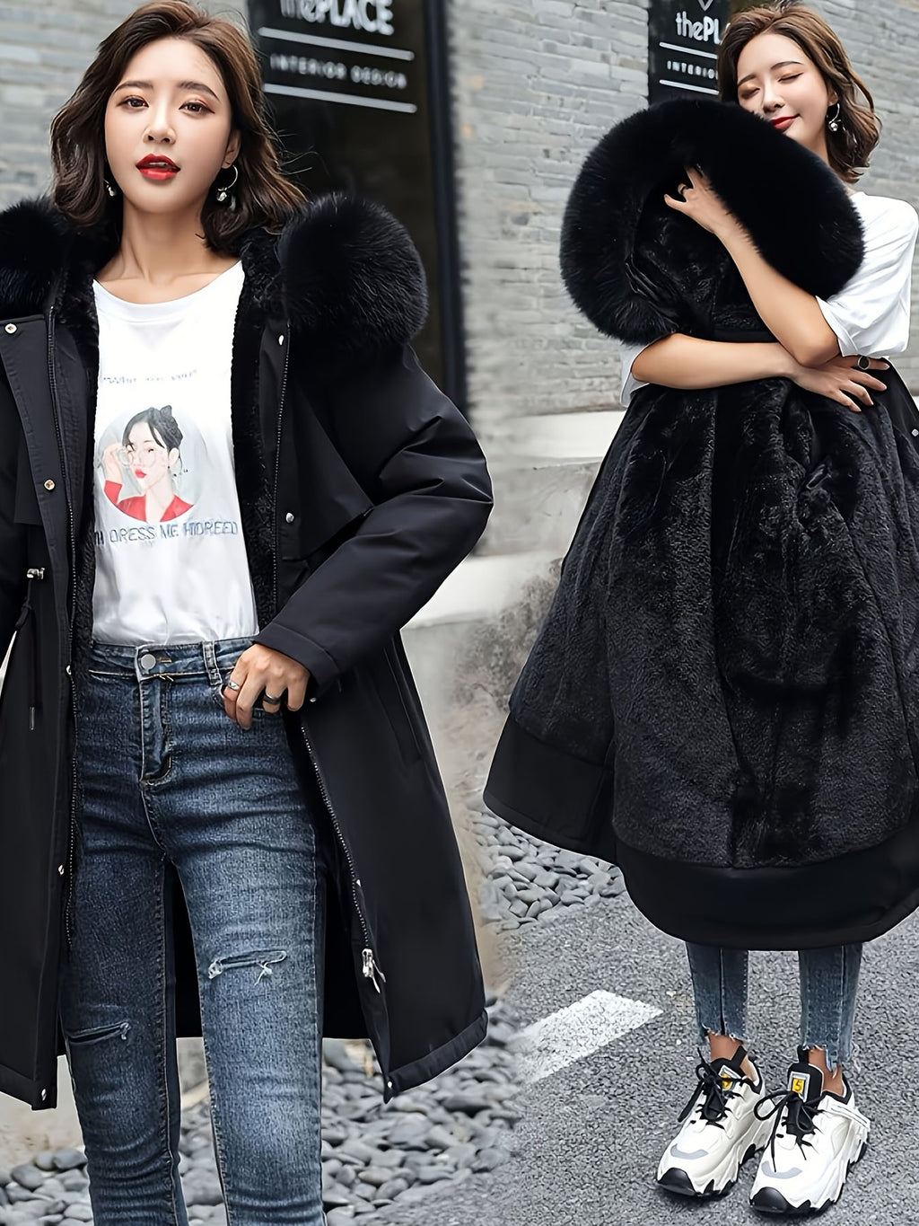 Black windproof winter parka for women worn with the hood up