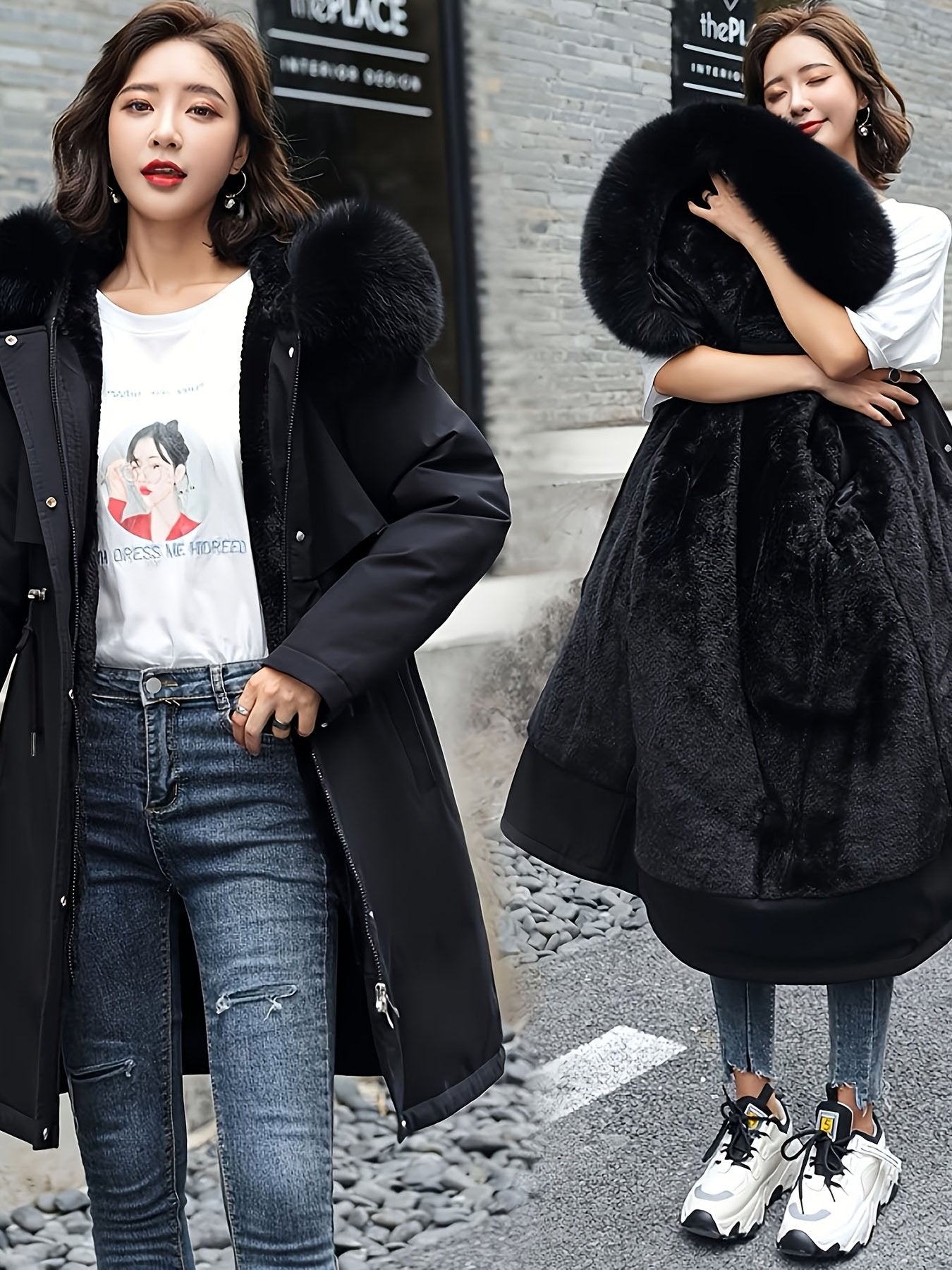 Black windproof winter parka for women worn with the hood up
