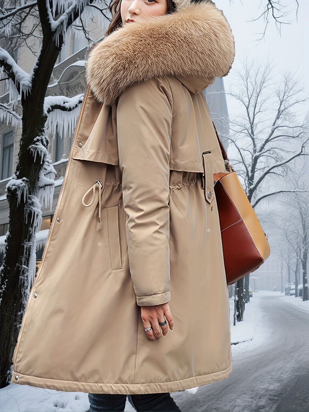 Close-up of the thickened fleece lining inside the women's parka