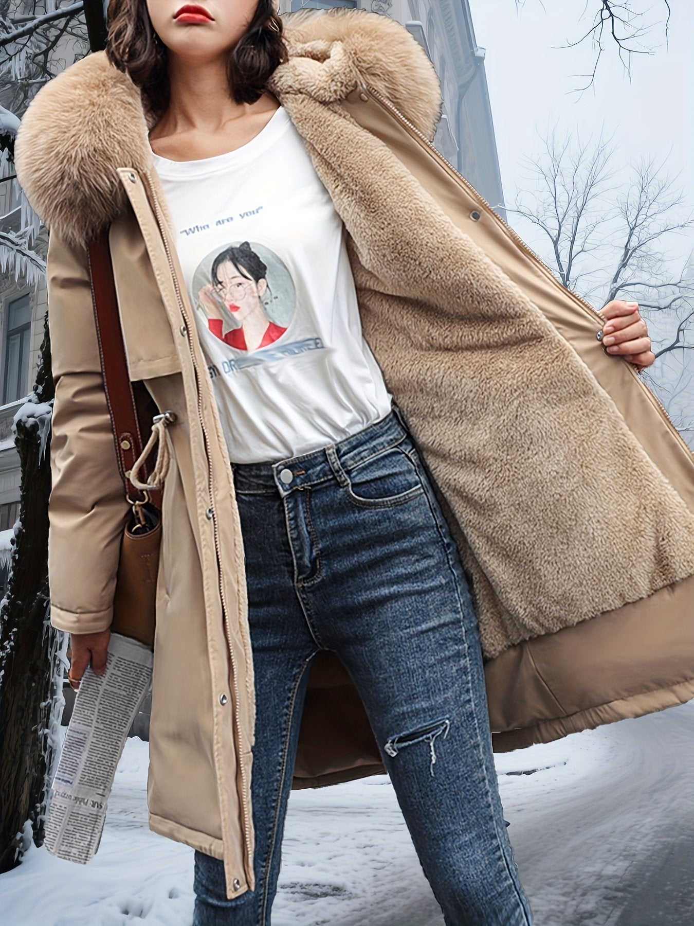Drawstring waist detail on the women's slim fit parka